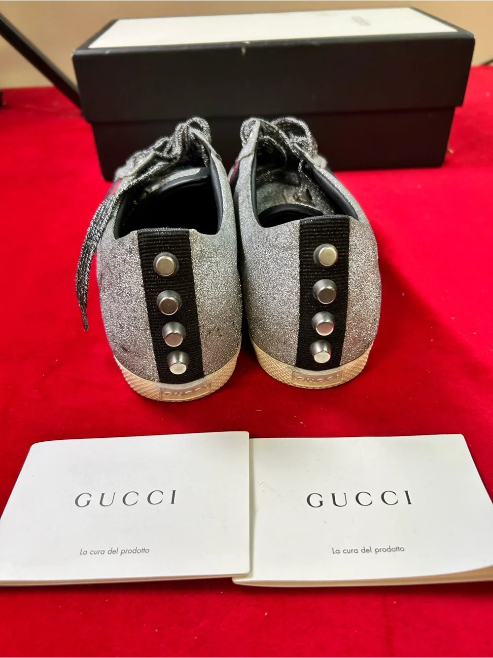 Gucci Silver Glitter Low-Top Sneakers with Red & Blue Web Stripe